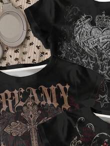 SHEIN Thiết kế in hình trái tim cánh thánh giá phong cách Punk Goth cổ điển dành cho thiếu nữ - Nhiều màu - Xem 6