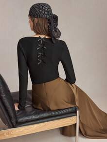 BizChic 2026 Spring New Black Backless Bow Hollow Design Off-Shoulder Fashionable Minimalist Daily Wear, Layerable, Versatile Women T-Shirt Knit Top, Chic, Elegant For Party, Urban Commute, Workplace