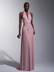 Elitara Elegant, , Fashionable Orange Elastic Mesh Halter Neck Ruched Decor A-Line Dress, Graceful Party Wedding Guest & Bridesmaid - Watermelon Pink - View 8