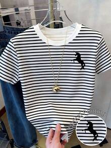 Resyla Plus Size Summer Casual Striped Unicorn Print Short Sleeve T-Shirt - Multicolor - View 1