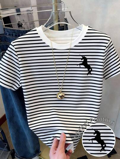 Resyla Plus Size Summer Casual Striped Unicorn Print Short Sleeve T-Shirt