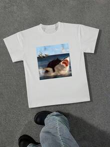 STEELVANCE 男士趣味猫鲨印花短袖圆领T恤，休闲百搭，适合度假、用餐、约会等场合，简约百搭的设计，自用或送礼皆宜。 - 白色 - 查看 7