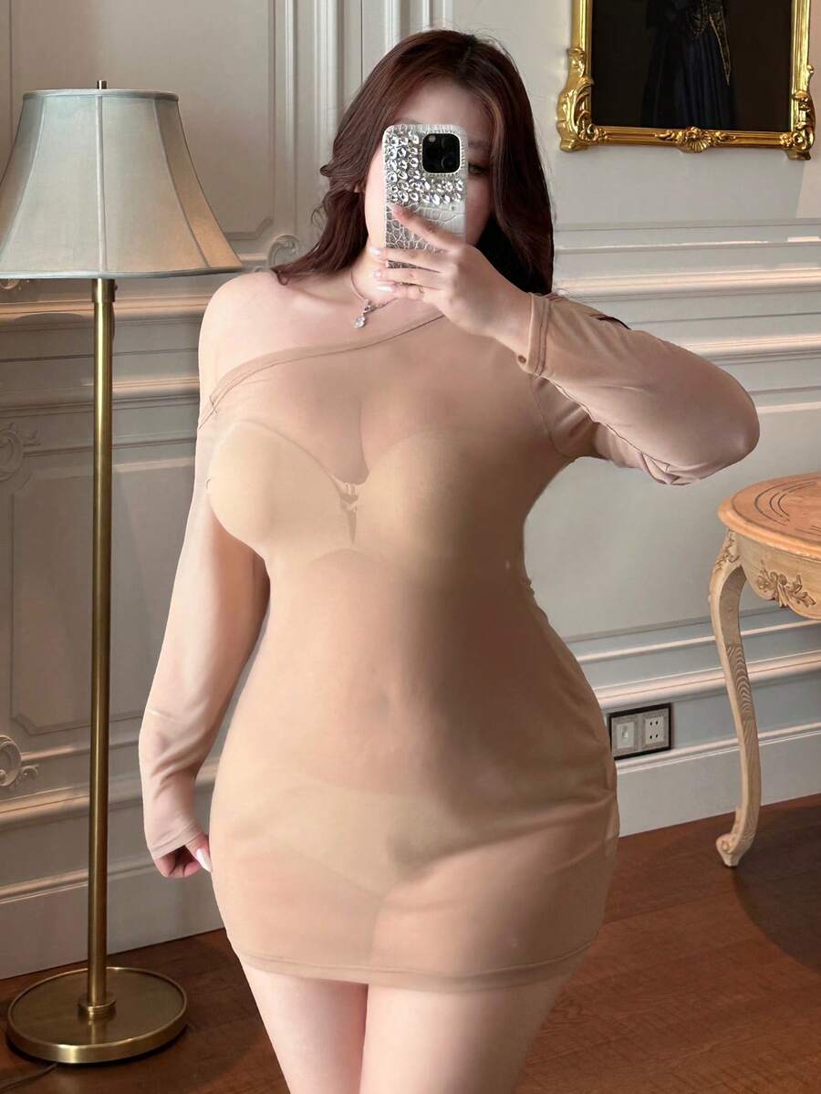 DAZY Sheer Mesh One Shoulder Long Sleeve Lingerie - Khaki - View 1