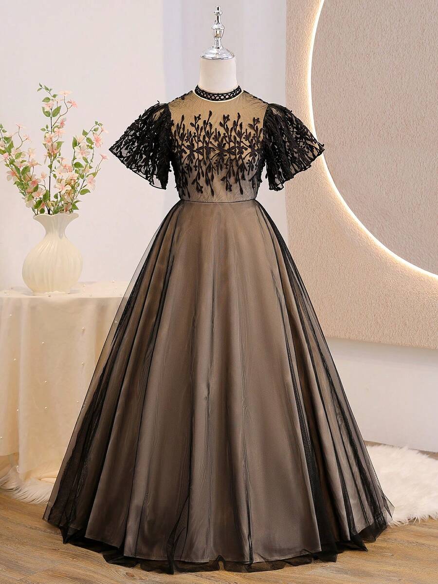 Tween Girl Floral Embroidery Mesh Splice Elegant Party Dress With Stand Collar - Black - View 1