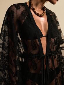 Vesra Women's Vacation Plant Print Mesh Belted Kimono Cover Up - Black - View 4