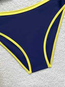 SHEIN Teen Girls' Navy Blue & Yellow Contrast Trim Halter Neck Bikini 2 Pieces Swimsuit, Spring/Summer