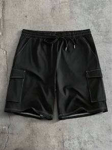 AXEPEAK 男士夏季休闲日常通勤时尚街头撞色缝线口袋短袖衬衫和抽绳腰短裤套装 - 黑色 - 查看 6
