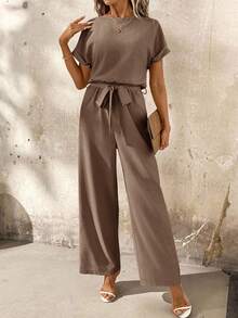 SHEIN Clasi 大码女式纯色蝙蝠领宽松连体裤 - 棕色 - 查看 6