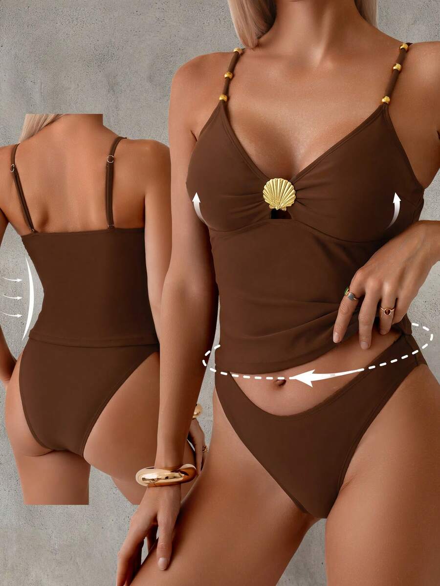 Swim Basics Bộ bikini dây mảnh cổ điển hình chữ V khoét sâu đính hạt vàng, thời trang cho kỳ nghỉ - màu nâu - Xem 1