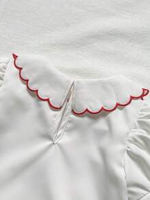 Playful Pals 2pcs Baby Girls Casual Floral Embroidery Puff Sleeve Shirt And Floral Pattern Ruffle Hem Skirt Set, Suitable For Spring/Summer, Vacation, Outing, Party, Daily Wear - Red - View 6