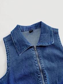 SHEIN MOD 性感 70 年代復古 70 年代 90 年代主題街頭風彈性女款無袖牛仔連身褲，牛仔藍日常夏季夜生活派對穿搭 - 中等水洗藍 - 查看 4