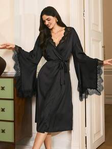 Mature Elegant Lace Patchwork Robe, Romantic Loose Belted Long Robe, Charming Ladies Sleepwear