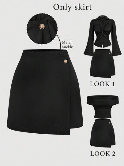 SHEIN MOD Plus Size Elegant Wrap Around Black Skirt, Suitable For Commuting In Summer Holiday Party Women Skirt, Holiday Women Outfits Black Skirt Mini Black Skort For Women Black Skirts High Waisted Skirts Metal Buckle Detail Curve Skort Short Skirt Skirt Set Blazer Skirt Set Black Two Piece