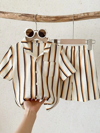 LMoss Kids LMoss   2pcs Young Boy Knitted Striped Casual Shirt And Shorts Set, Boys Two Piece Set Kids Short Sleeve Summer Sets Boy Stripe Outfit Shirt Sets Clothes Two Piece Boy Two Piece Set Kids Summer Sets Kids Striped Shirt And Shorts Boy Summer Outfit