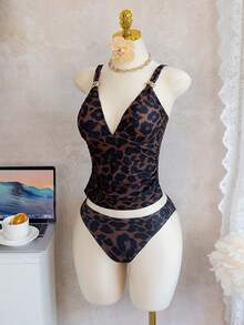 Bonvoyette 2pcs Women's Leopard Print V-Neck Camisole & Tankini Set, Casual Vacation Mature Style, Adjustable Straps, Slimming Design, Summer - Multicolor - View 4