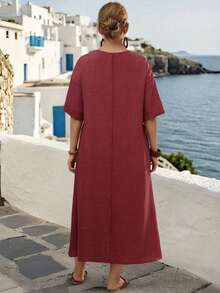 EMERY ROSE 大码V领刺绣贴袋短袖连衣裙 - 紅木色 - 查看 2