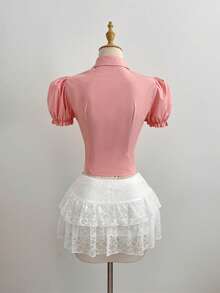 SHEIN Unity Camisa feminina de cor sólida com gola dobrável, abotoamento simples, moderna e versátil para o dia a dia. Manga bufante. - Rosa - Ver 2