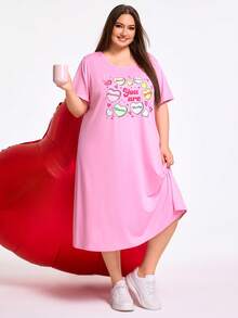 SHEIN CURVE+ 加大码/情人节/加大码红色心形印花长裙，情人节 - 粉色 - 查看 5