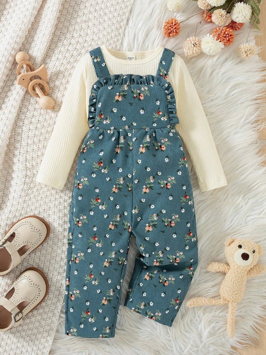 SHEIN Vintaside Kids 女嬰燈芯絨印花吊帶褲套裝 秋季 - 藍色 - 查看 1