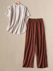 Rusticease 条纹复古V领短袖衬衫和阔腿裤休闲两件套女装 - 彩色 - 查看 2
