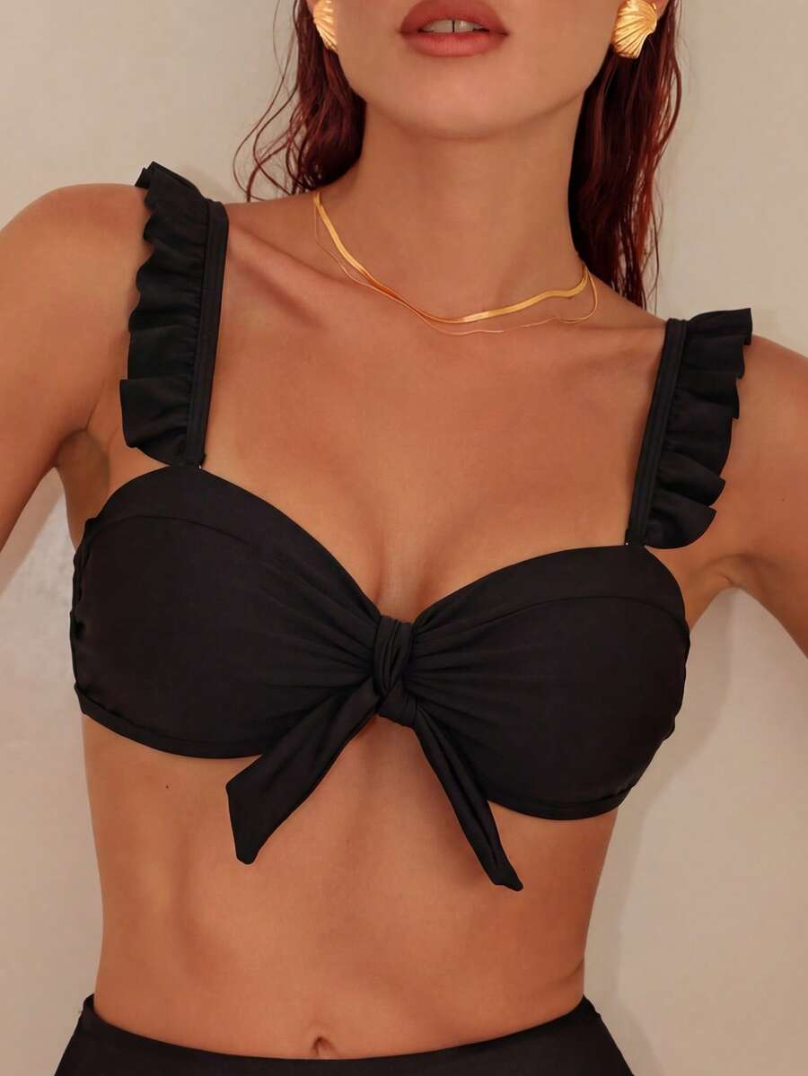 SHEIN Swim Summer Beach Ruffle Trim Knot Bust Bikini Top - Black - View 1