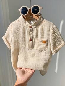SHEIN 男婴夏季休闲百搭白色立领短袖衬衫，适合生日派对、锐舞派对、晚宴、演出、婚礼、迎婴派对和一周岁生日庆祝活动。 - 彩色 - 查看 2