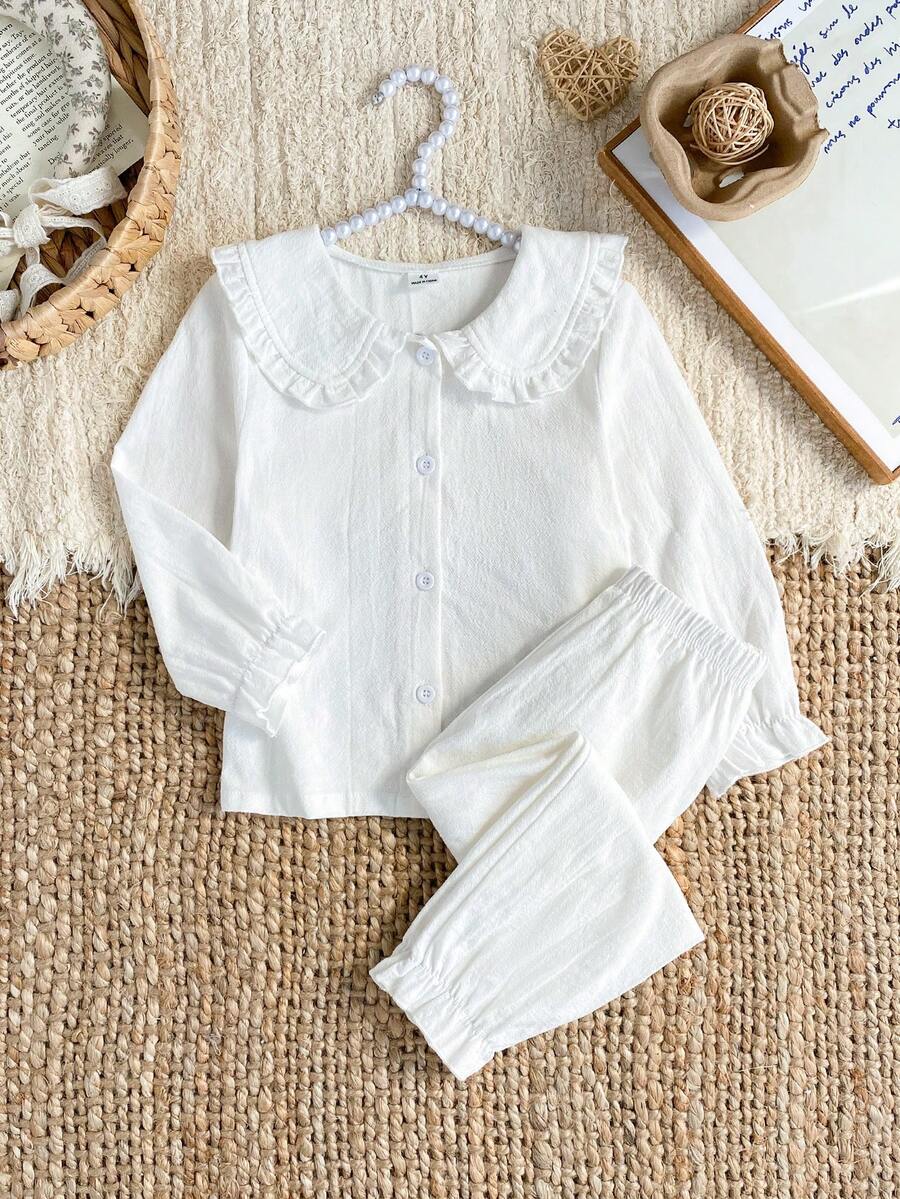 Girls White Woven Fabric Pajama Set With Ruffle Peter Pan Collar Long Flare Sleeves Everyday Casual Girls White Set Girls Shirt Sets White Pajama Set - White - View 1