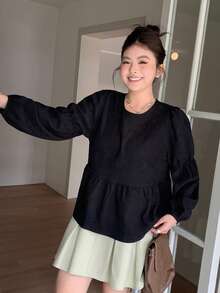 Dazy Plus Black Lantern Sleeve Loose Fit Pullover Blouse, Round Neck, Spring/Autumn