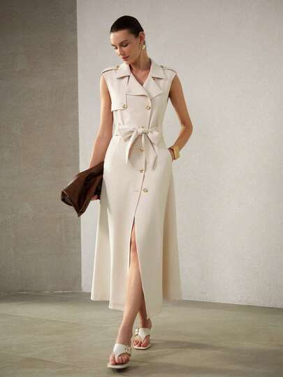 MOTF PREMIUM SLEEVELESS LAPEL COLLAR SOFT FABRIC CLASSIC FASHION OFFICE LADY LONG LOOSE FIT TRENCH COAT FOR WOMEN, SPRING/SUMMER