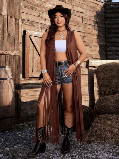 Ceyna Plus Size Women's Western Style Long Beaded Fringe Sleeveless Jacket