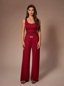 Lazeform 女士纯色休闲修身背心腰部装饰及直筒裤睡衣套装 - 酒紅色 - 查看 3