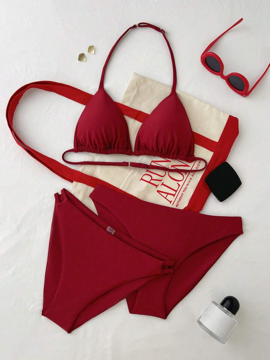 少女三件套纯红色休闲沙滩度假针织比基尼套装，夏季沙滩鞭形露背吊带三角比基尼套装，夏季沙滩泳装
