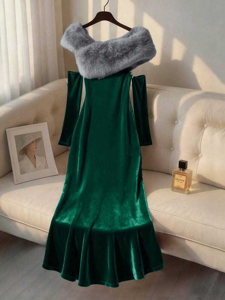 emerald green velvet dress Sleeveless Midi | Womens | XXL (Available in XS, S, M, L, XL) | 100% Polyester Crafted from a soft polyester and elastane blend SHEIN LUNE Women's Faux Fur