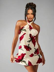 MISSGUIDED 花卉图案吊带迷你连衣裙，交叉前领扭结细节，夏季露背无袖派对连衣裙 - 白色 - 查看 3