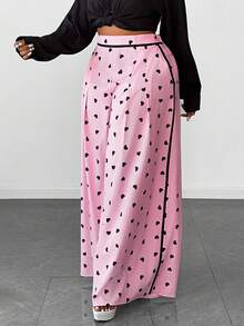 Maweii Pantalones largos de talla grande con estampado de corazón y bloques de color - Rosa - Ver 4