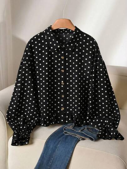 CosyJoli Plus Size Casual Polka Dot Textured A-Line Smock Shirt