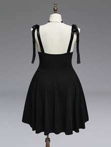 ROMWE Spring/Summer Gothic Castle Cross Embroidery Square Neck Lace Trim Patchwork Black Lace-Up A-Line Dress For Women - Black - View 4