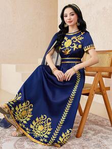 SHEIN 优雅少女睡袍，缎带装饰，花卉刺绣，A字廓形，收腰设计，飘逸长裙，中东风格，适合春夏穿着。 - 寶藍色 - 查看 5