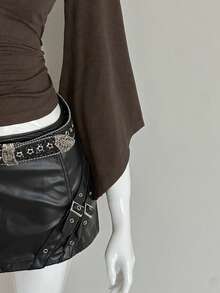 EgrlEra 女士纯色褶皱深V领性感喇叭袖修身T恤 - 咖啡棕 - 查看 5