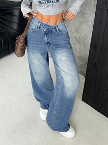 SHEIN PETITE Quần jean ống rộng dày dặn dành cho nữ, cạp chéo, màu xanh dương. - Rửa nhẹ - Xem 4