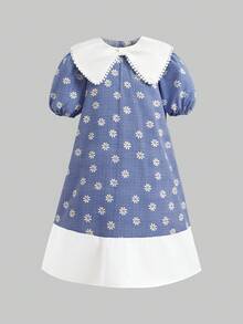 SHEIN Tween Girl Plaid Daisy Pattern Puff Sleeve Cute Dress - Blue - View 6