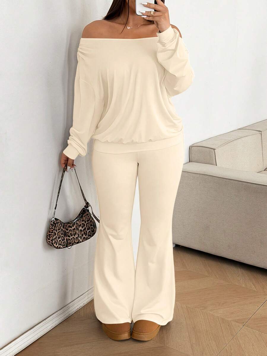 Sunnyshic 大码女式单肩上衣和喇叭裤两件套 - 杏色 - 查看 1