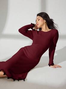 Modelyn 秋冬性感荷叶边下摆罗纹针织长袖修身连衣裙 - 酒紅色 - 查看 7