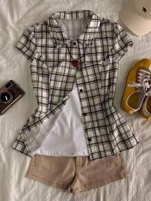 SHEIN 女士休闲格子短袖衬衫，夏季 - 彩色 - 查看 4
