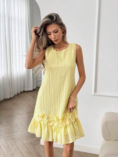 Easowa 奶油黄色无袖荷叶边3D立体花卉装饰女士迷你连衣裙，适合浪漫假期、情人节约会、乡村漫步、与朋友享用下午茶、法式度假装扮