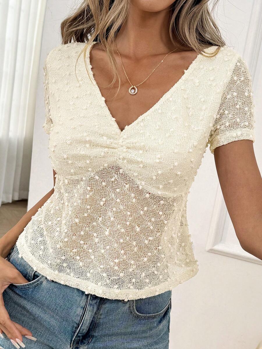 Easowa Women's White Polka Dot Summer Elegant Brunch Ruched V-Neck Short Sleeve Casual T-Shirt,Sparkly Sheer Mesh Vacation Tops - Apricot - View 1