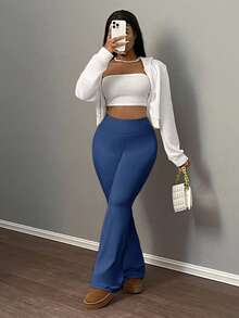 Slaydiva Solid High Waist Flare Leg Pants - Royal Blue - View 5