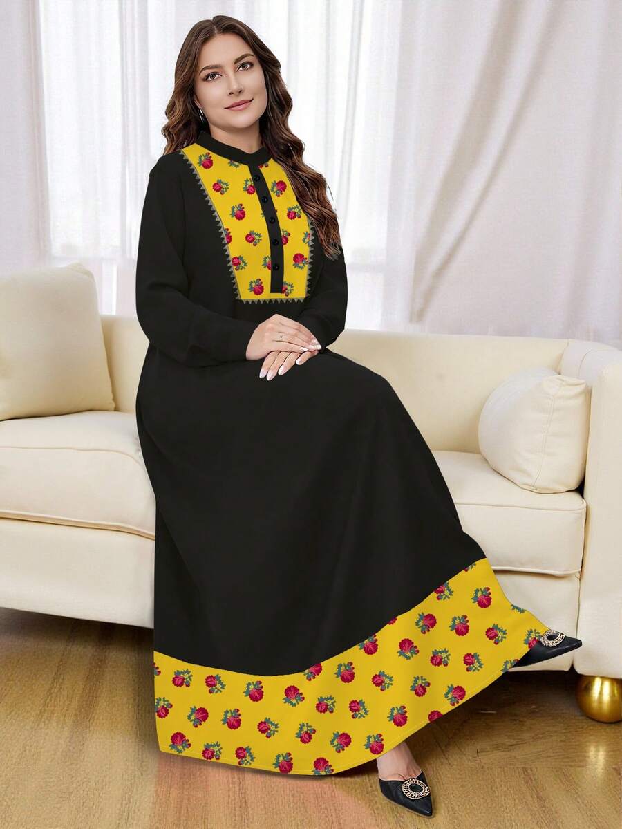 SHEIN Najma 大码女式印花撞色纽扣领长袖连衣裙,时尚春秋季款 - 彩色 - 查看 1