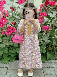 SHEIN Young Girl White Summer Traditional Arabian Dress Floral Print Long Sleeve Jalabiya For Wedding Al-Adha,Matching Mom & Daughter Kaftan Prayer Robe - Mauve Purple - View 1