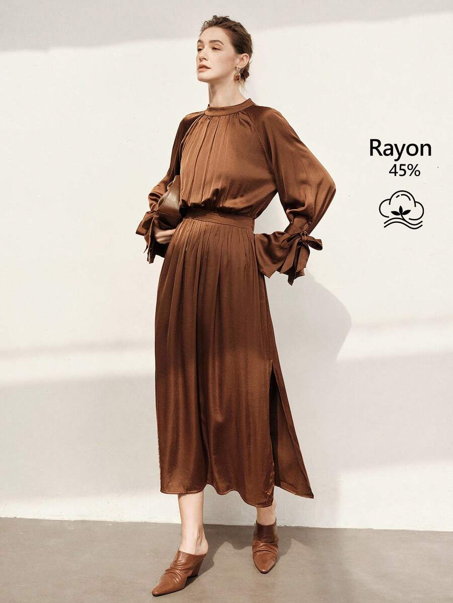 Aalyst Women's Chocolate Brown Satin Ruched Waist Flare Hem Long Sleeve Dress,Elegant Retro Chic Design For Autumn Tea Party,Christmas,Work,Vacation,Spring - Brown - View 1